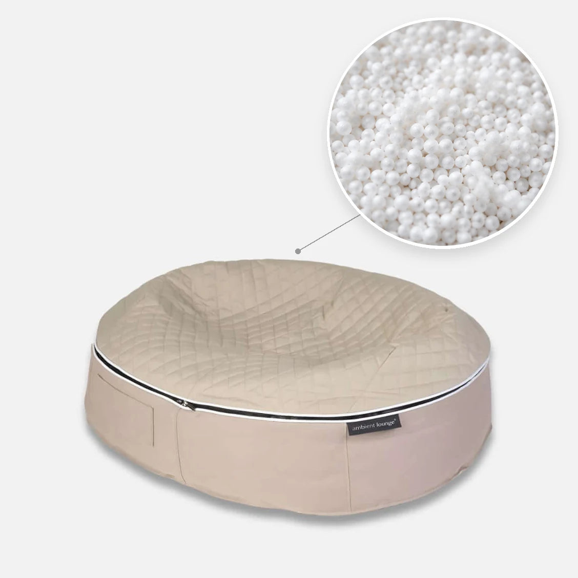 Hundeseng Sandstorm Thermo Quilt Beige L med detalj av perlefyll i sirkel