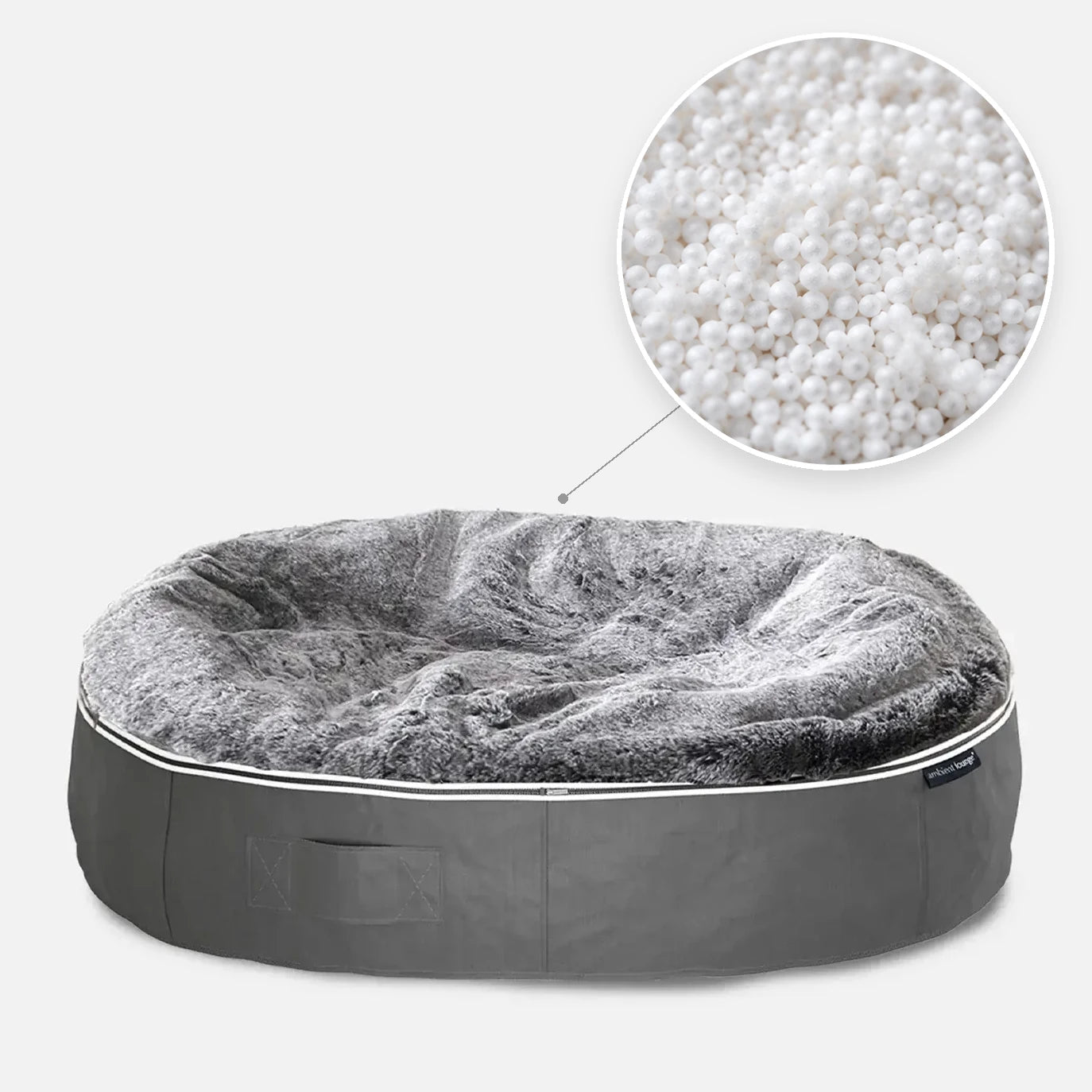 Hundeseng Supernova Silken Gray L med detalj av perlefyll i sirkel